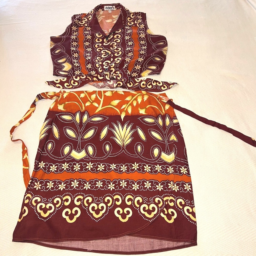 Vintage 2 Piece Boho Set Floral Wrap Skirt Crop Tie Top Size Large 100% Rayon